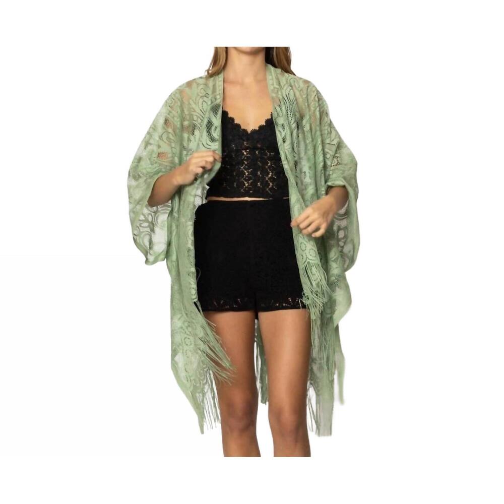 NEW JUDSON & CO. floral lace fringe boho kimono wrap shawl cover up in sage gree